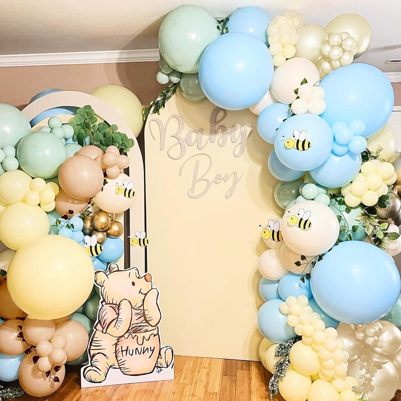 Blue and Yellow Balloon Arch, Pastel Yellow Macaron Baby Blue Balloon Macaron Green and Double Stuffed Pastel Cream Peach Balloon Arch Kit for Birthday Baby Shower Bee Bear Theme Party Decoration